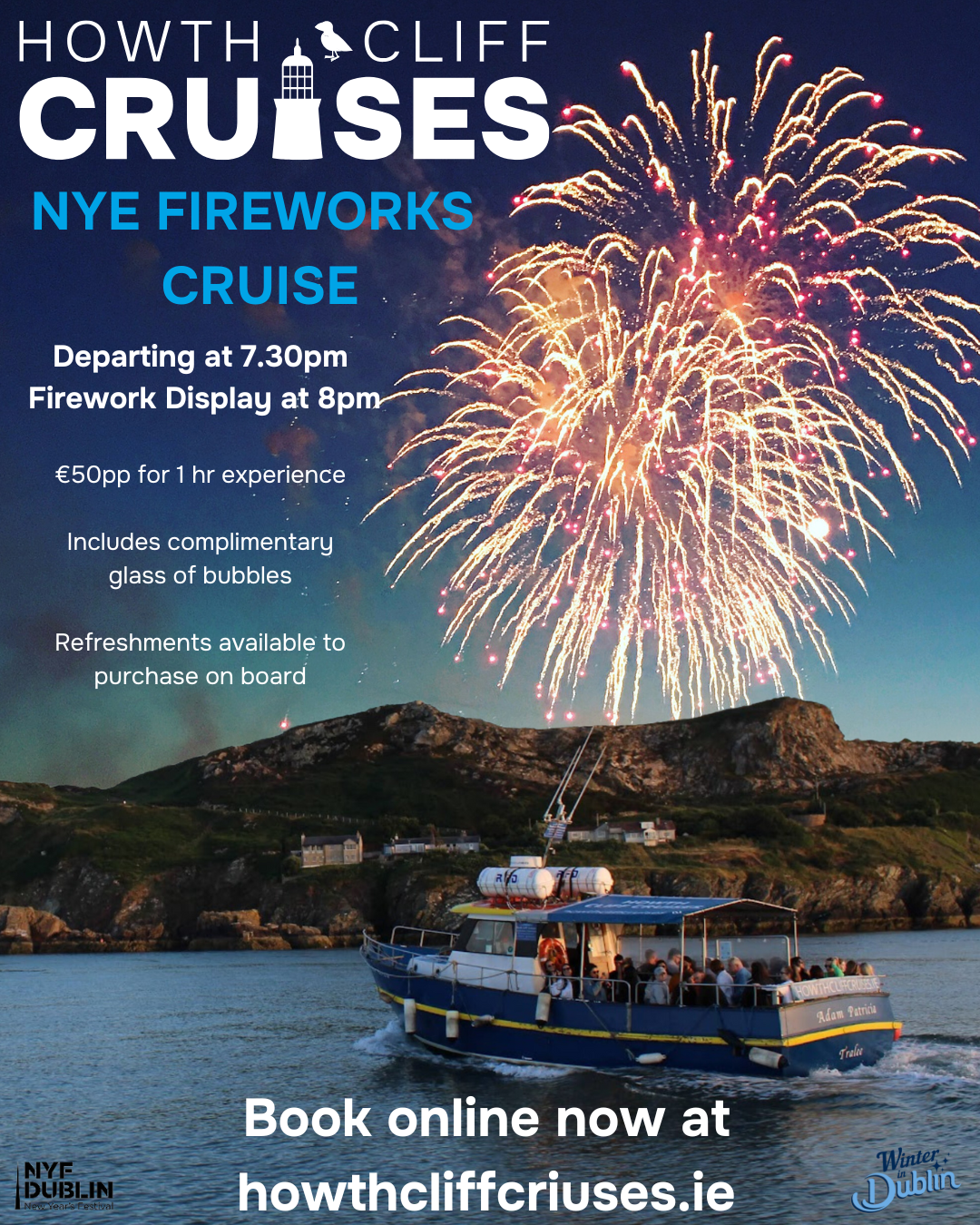 Experience NYE Firework Display from the sea - Howth Cliff Cruises